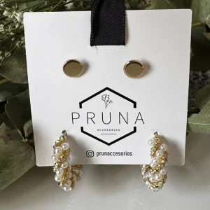 Aro Set Boton y Argolla Perla Trenzada